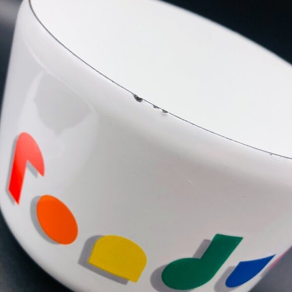 80s White Enamel Fondue Pot Gray Wooden Handle Rainbow Arcade Video Game Font - Picture 8 of 11